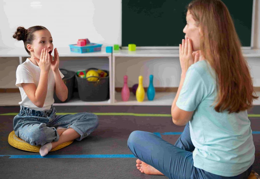 A paediatric therapist and a young girl engaged in a speech pathology and occupational therapy session, practicing communication and emotional regulation skills in a supportive, play-based environment.